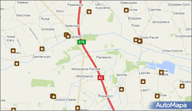 mapa Pęcławice gmina Piątek, Pęcławice gmina Piątek na mapie Targeo
