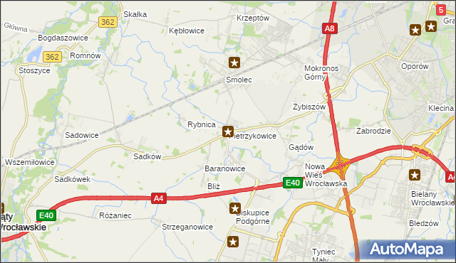 mapa Pietrzykowice gmina Kąty Wrocławskie, Pietrzykowice gmina Kąty Wrocławskie na mapie Targeo