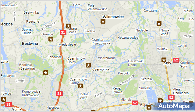 mapa Pisarzowice gmina Wilamowice, Pisarzowice gmina Wilamowice na mapie Targeo