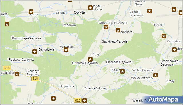 mapa Płusy gmina Obryte, Płusy gmina Obryte na mapie Targeo