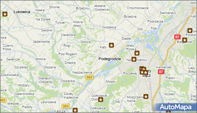 mapa Podegrodzie powiat nowosądecki, Podegrodzie powiat nowosądecki na mapie Targeo
