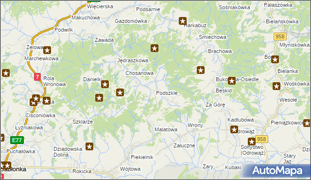 mapa Podszkle gmina Czarny Dunajec, Podszkle gmina Czarny Dunajec na mapie Targeo