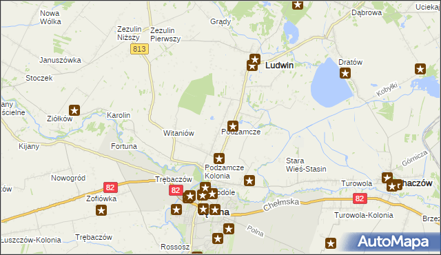 mapa Podzamcze gmina Łęczna, Podzamcze gmina Łęczna na mapie Targeo