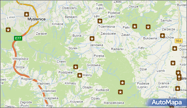 mapa Poręba gmina Myślenice, Poręba gmina Myślenice na mapie Targeo