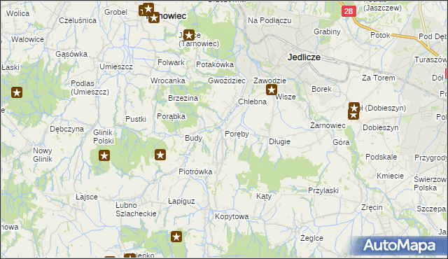 mapa Poręby gmina Jedlicze, Poręby gmina Jedlicze na mapie Targeo