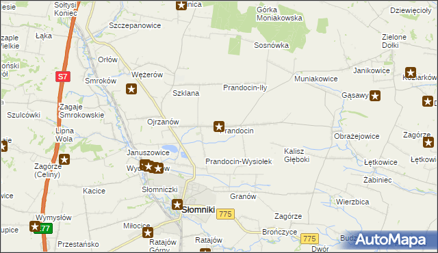 mapa Prandocin gmina Słomniki, Prandocin gmina Słomniki na mapie Targeo