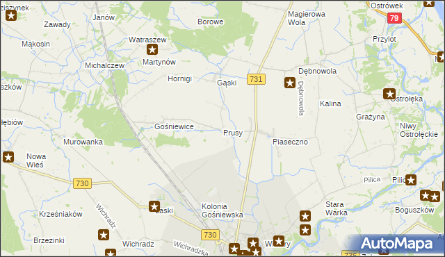 mapa Prusy gmina Warka, Prusy gmina Warka na mapie Targeo