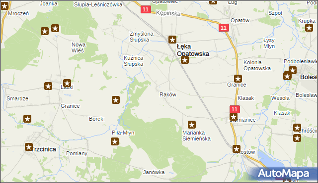 mapa Raków gmina Łęka Opatowska, Raków gmina Łęka Opatowska na mapie Targeo