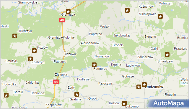 mapa Romanów gmina Wyśmierzyce, Romanów gmina Wyśmierzyce na mapie Targeo