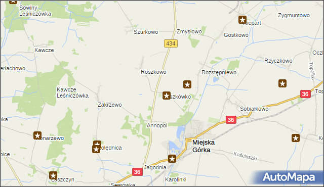 mapa Roszkówko gmina Miejska Górka, Roszkówko gmina Miejska Górka na mapie Targeo