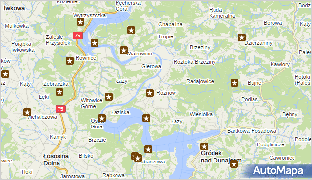 mapa Rożnów gmina Gródek nad Dunajcem, Rożnów gmina Gródek nad Dunajcem na mapie Targeo