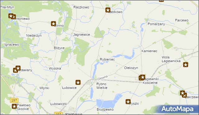 mapa Rybieniec gmina Kiszkowo, Rybieniec gmina Kiszkowo na mapie Targeo