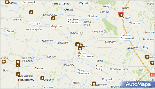 mapa Rybno powiat sochaczewski, Rybno powiat sochaczewski na mapie Targeo