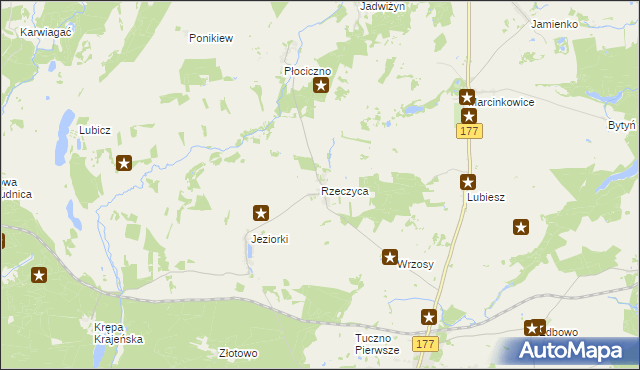 mapa Rzeczyca gmina Tuczno, Rzeczyca gmina Tuczno na mapie Targeo