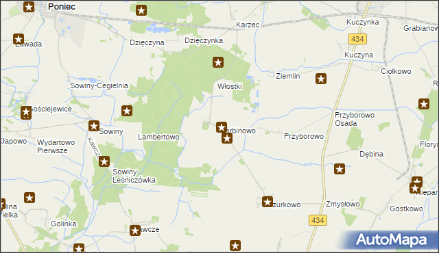 mapa Sarbinowo gmina Poniec, Sarbinowo gmina Poniec na mapie Targeo