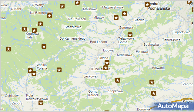 mapa Sidzina gmina Bystra-Sidzina, Sidzina gmina Bystra-Sidzina na mapie Targeo