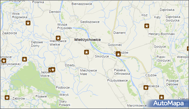 mapa Sikorzyce gmina Wietrzychowice, Sikorzyce gmina Wietrzychowice na mapie Targeo