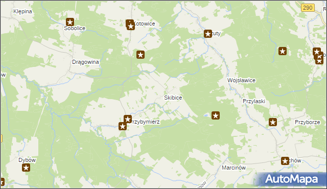 mapa Skibice gmina Nowogród Bobrzański, Skibice gmina Nowogród Bobrzański na mapie Targeo