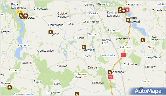 mapa Sławęcin gmina Lubień Kujawski, Sławęcin gmina Lubień Kujawski na mapie Targeo