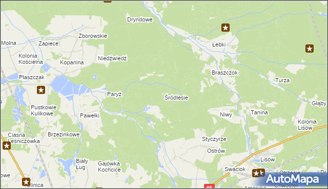 mapa Śródlesie gmina Kochanowice, Śródlesie gmina Kochanowice na mapie Targeo