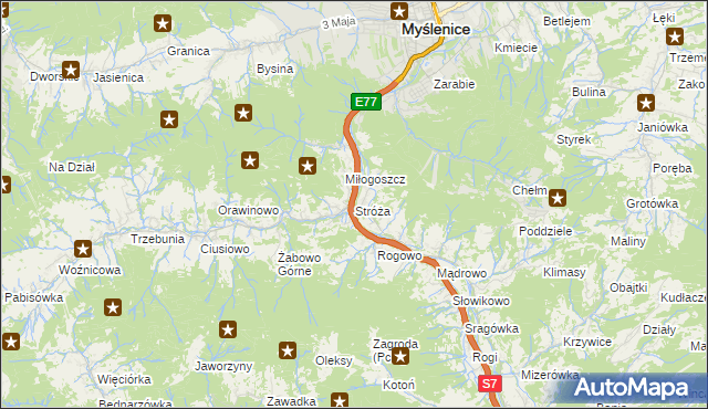 mapa Stróża gmina Pcim, Stróża gmina Pcim na mapie Targeo