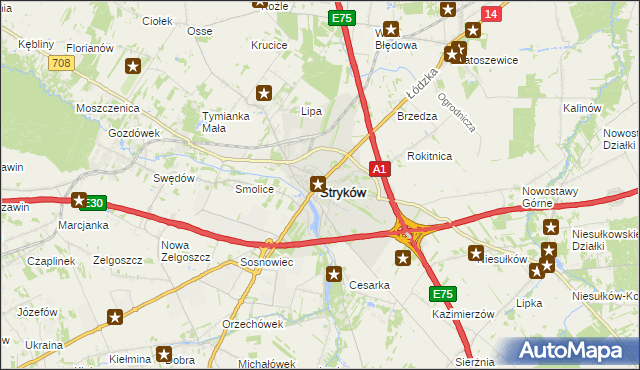 mapa Stryków powiat zgierski, Stryków powiat zgierski na mapie Targeo