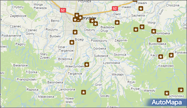 mapa Sułkowice gmina Andrychów, Sułkowice gmina Andrychów na mapie Targeo