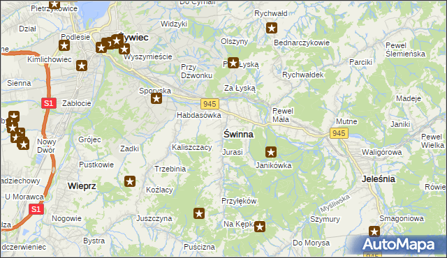 mapa Świnna powiat żywiecki, Świnna powiat żywiecki na mapie Targeo