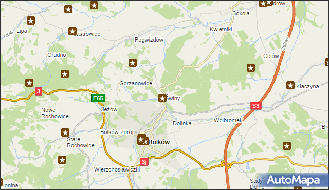 mapa Świny gmina Bolków, Świny gmina Bolków na mapie Targeo
