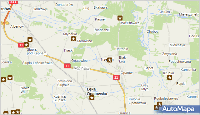 mapa Trzebień gmina Łęka Opatowska, Trzebień gmina Łęka Opatowska na mapie Targeo
