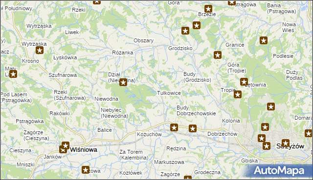mapa Tułkowice gmina Wiśniowa, Tułkowice gmina Wiśniowa na mapie Targeo