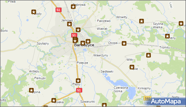 mapa Wawrzyny gmina Bartoszyce, Wawrzyny gmina Bartoszyce na mapie Targeo