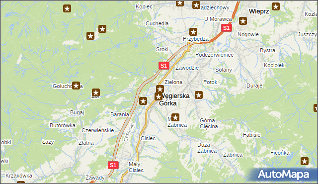 mapa Węgierska Górka, Węgierska Górka na mapie Targeo