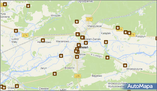 mapa Wieleń powiat czarnkowsko-trzcianecki, Wieleń powiat czarnkowsko-trzcianecki na mapie Targeo