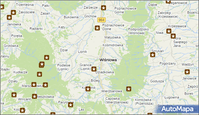 mapa Wiśniowa powiat myślenicki, Wiśniowa powiat myślenicki na mapie Targeo