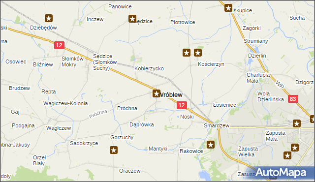 mapa Wróblew powiat sieradzki, Wróblew powiat sieradzki na mapie Targeo