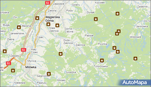 mapa Żabnica gmina Węgierska Górka, Żabnica gmina Węgierska Górka na mapie Targeo
