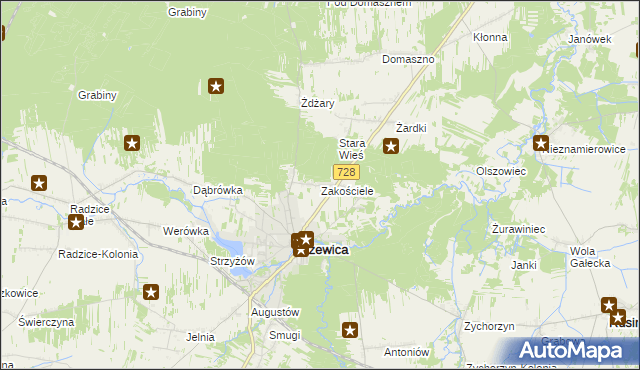 mapa Zakościele gmina Drzewica, Zakościele gmina Drzewica na mapie Targeo
