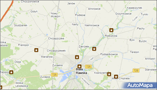 mapa Zakrzew gmina Biała Rawska, Zakrzew gmina Biała Rawska na mapie Targeo