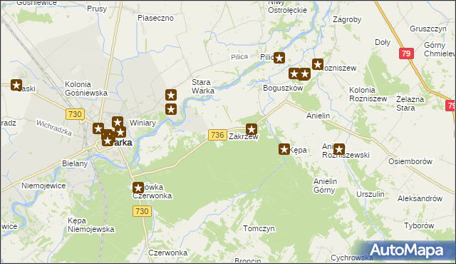 mapa Zakrzew gmina Grabów nad Pilicą, Zakrzew gmina Grabów nad Pilicą na mapie Targeo