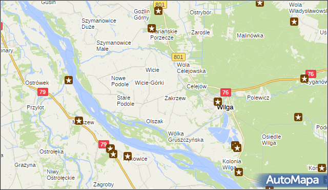 mapa Zakrzew gmina Wilga, Zakrzew gmina Wilga na mapie Targeo