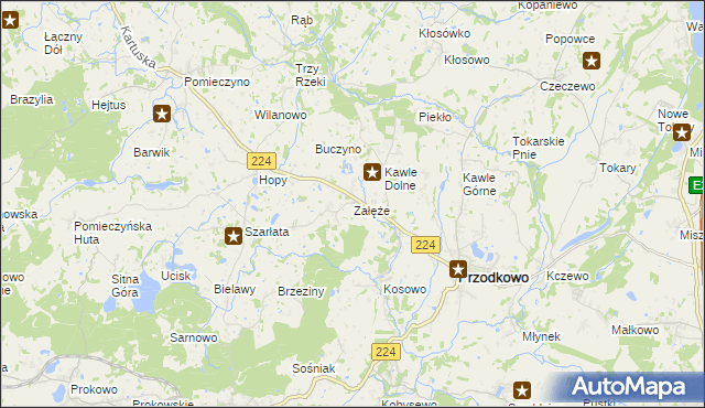 mapa Załęże gmina Przodkowo, Załęże gmina Przodkowo na mapie Targeo
