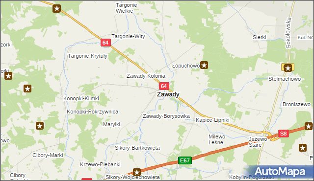 mapa Zawady powiat białostocki, Zawady powiat białostocki na mapie Targeo
