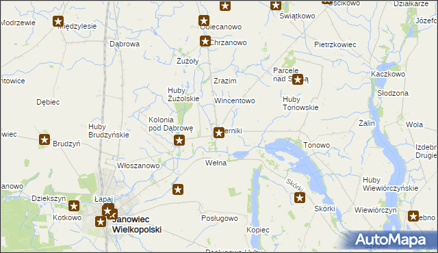 mapa Żerniki gmina Janowiec Wielkopolski, Żerniki gmina Janowiec Wielkopolski na mapie Targeo