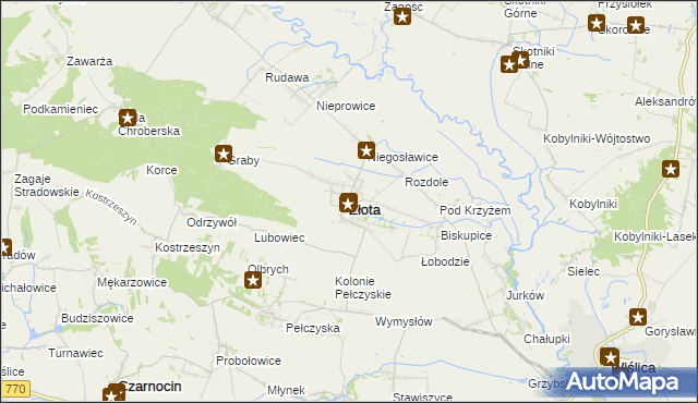 mapa Złota powiat pińczowski, Złota powiat pińczowski na mapie Targeo