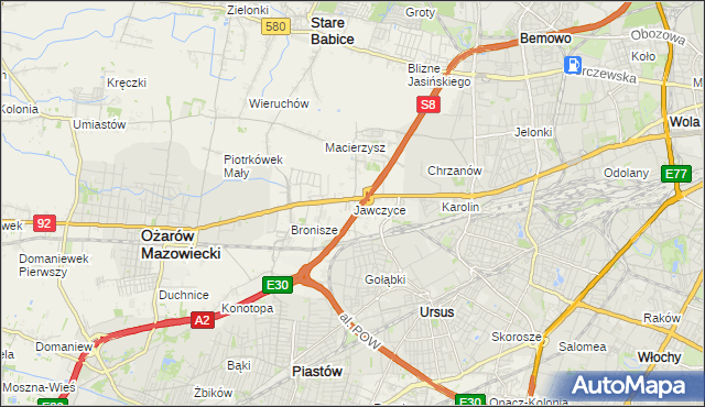 mapa Jawczyce gmina Ożarów Mazowiecki, Jawczyce gmina Ożarów Mazowiecki na mapie Targeo