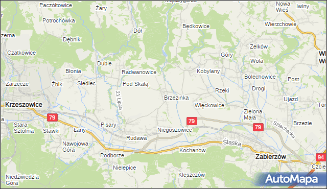 mapa Brzezinka gmina Zabierzów, Brzezinka gmina Zabierzów na mapie Targeo