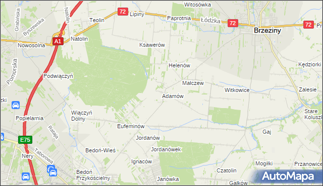 mapa Adamów gmina Brzeziny, Adamów gmina Brzeziny na mapie Targeo