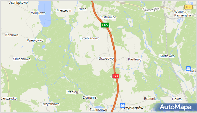 mapa Brzozowo gmina Przybiernów, Brzozowo gmina Przybiernów na mapie Targeo
