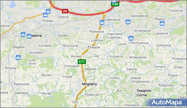 mapa Gaj gmina Mogilany, Gaj gmina Mogilany na mapie Targeo
